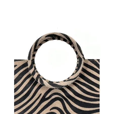 sac à main taupe avec bandoulière amovible en cuir nubuck avec pochette imprimé zèbre