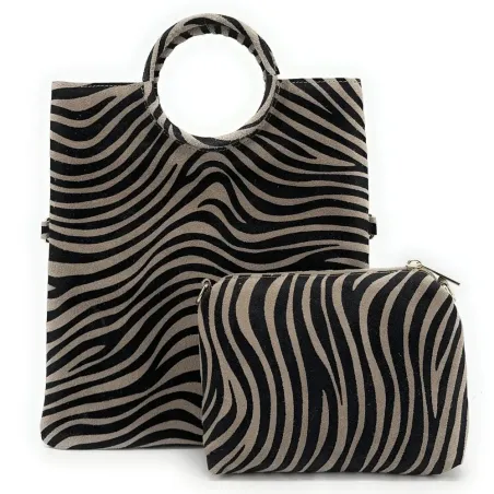 sac en cuir daim imprimé zèbre taupe porté main avec pochette amovible