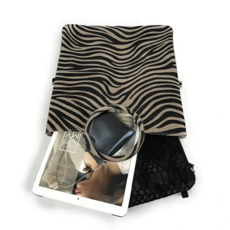sac femme avec pochette imprimé zèbre taupe avec bandoulière amovible en cuir nubuck