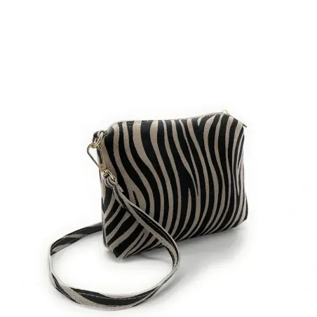 sac pochette femme en cuir nubuck pur vachette à motifs zèbre taupe avec bandoulière