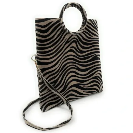 sac mode femme en cuir daim nubuck italien pur vachette taupe à motifs zèbre