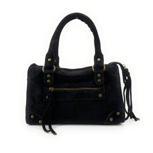 Mini sac en croûte de cuir de vachette italien véritable avec bandoulière amovible couleur noir