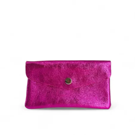Porte-monnaie irisé en cuir pour femme pur vachette fabriqué en Italie haut de gamme fuchsia