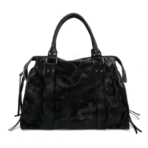 Sac à main tendance femme en cuir italien brossé porté épaule avec bandoulière amovible noir