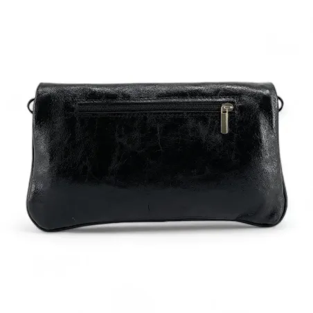 Sac à main femme type pochette en cuir métallisé noir avec bandoulière chaînette