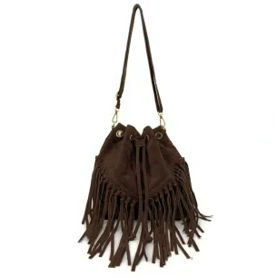 sac seau à franges tendance pour femme en cuir nubuck couleur chocolat