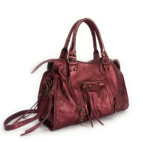 sac de bureau en cuir métallisé rouge bordeaux pour femme