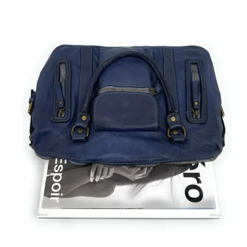 grand sac en cuir bleu profond souple délavé pur de vachette italien