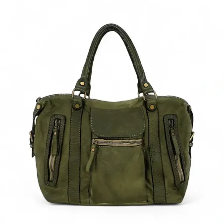 sac à main tendance en cuir vintage souple vert kaki