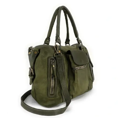 grand sac en cuir souple délavé vert kaki porté main avec bandoulière