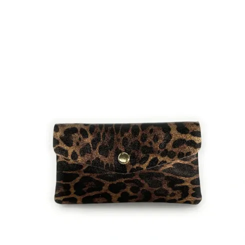 Pochette porte-monnaie femme en cuir métallisé pur de vachette italien marron chocolat motif léopard