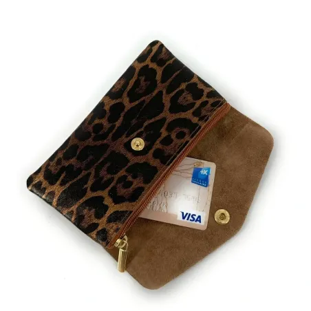 Micro sac pochette porte-monnaie en cuir chocolat pur de vachette motif léopard fabriqué en Italie pour femme