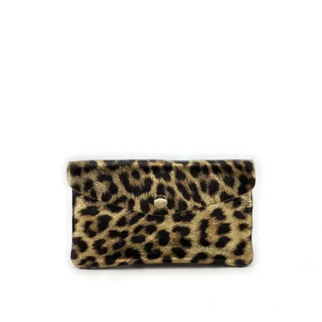 Micro sac pochette porte-monnaie en cuir or irisé pur de vachette motif léopard fabriqué en Italie pour femme