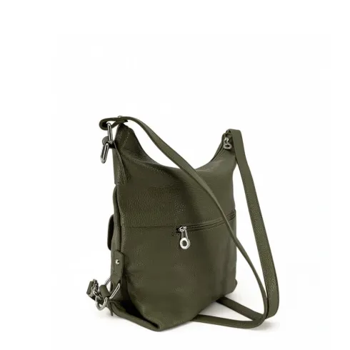 sac multiposition femme vert kaki foncé en cuir grainé italien porté main et dos