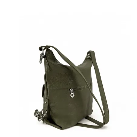sac multiposition femme vert kaki foncé en cuir grainé italien porté main et dos