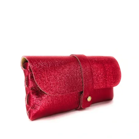 étuis à lunettes rouge clair irisé en cuir italien pour femme