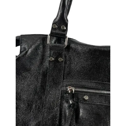 sac à main femme tendance en cuir irisé italien pur cuir de vachette porté main et de travers noir