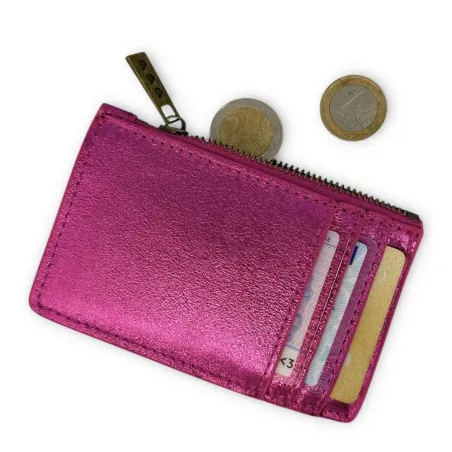 porte-monnaie porte cartes pour femme rose fuchsia en cuir irisé
