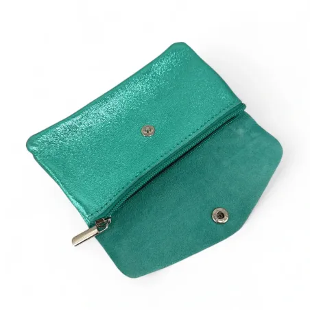 porte-monnaie pochette bleu en cuir pur de vachette métallisé
