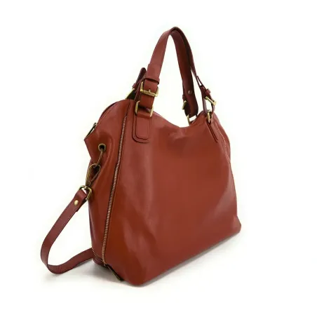 grand sac à main en cuir lisse rouge brique avec bandoulière amovible