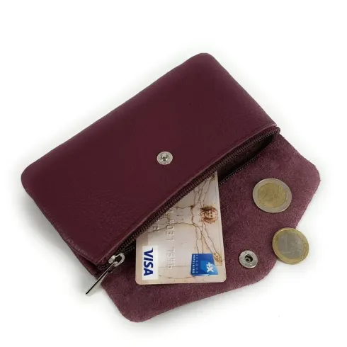 pochette porte-monnaie  en cuir grainé pur vachette italien femme rouge foncé