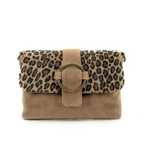 sac à main pochette taupe femme à motifs léopard en croûte de cuir