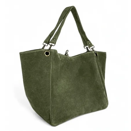 grand sac cabas en daim pur vachette italien et toile vert kaki pour femme