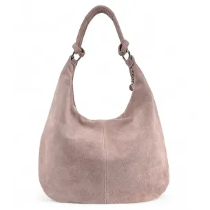 sac femme en cuir daim rose nude porté épaule forme hobo