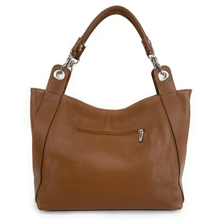 Sac mode femme en cuir grainé porté épaule avec bandoulière ajustable cognac foncé sac cabas tendance