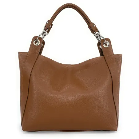 Sac tendance femme en cuir grainé porté épaule et bandoulière cognac foncé sac cabas