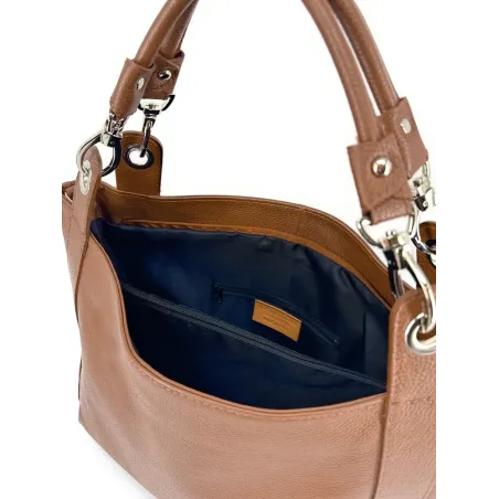 Sac mode femme en cuir grainé italien porté épaule avec bandoulière ajustable cognac foncé sac cabas tendance
