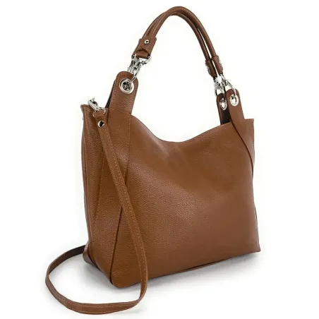 Sac à main mode femme en cuir italien grainé porté épaule avec bandoulière cognac foncé sac tendance