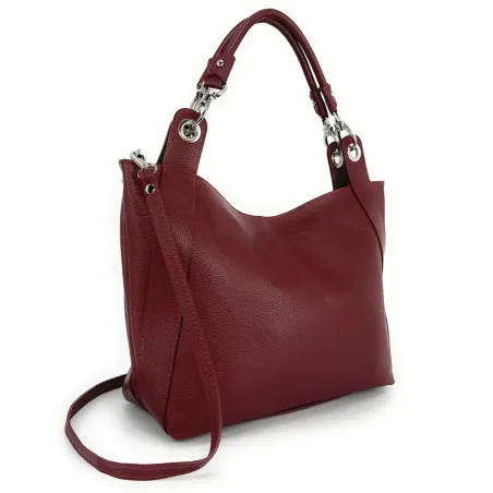 Sac à main mode femme en cuir grainé porté épaule et bandoulière rouge foncé sac cabas tendance