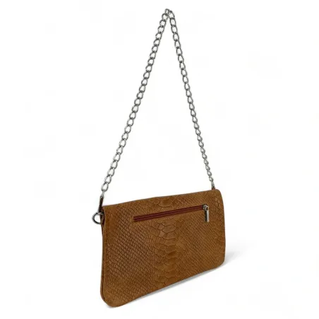 sac pochette à bandoulière marron camel en cuir italien à motifs python
