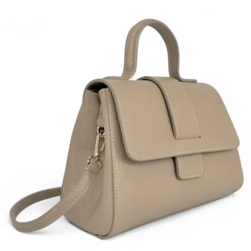 mini sac trapèze cuir grainé pur vachette taupe avec bandoulière femme mode
