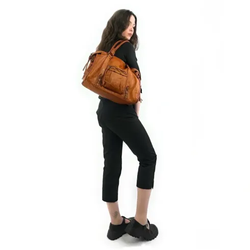 Sac femme haut de gamme en cuir souple délavé porté main et bandoulière camel clair sac de rentrée