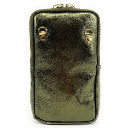 Sac très tendance femme en cuir nubuck irisé porté tour du cou avec bandoulière réglable vert kaki irisé