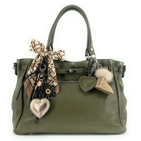 sac de cours vert kaki en cuir grainé femme
