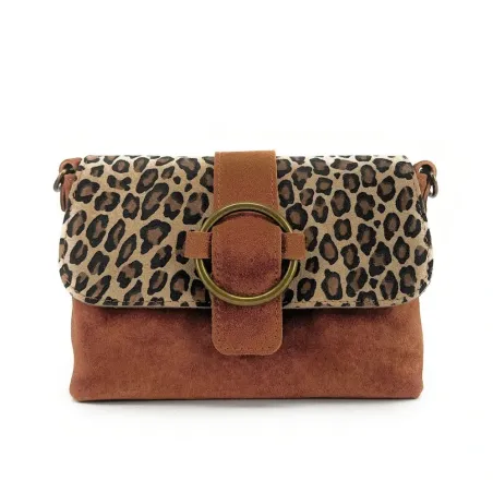 sac à main en cuir nubuck imprimé léopard brique