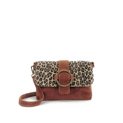 sac à main bandoulière en croûte de cuir brique imprimé léopard
