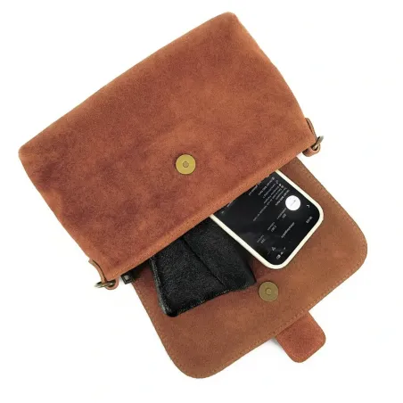 sac bandoulière pochette imprimé léopard brique en cuir nubuck