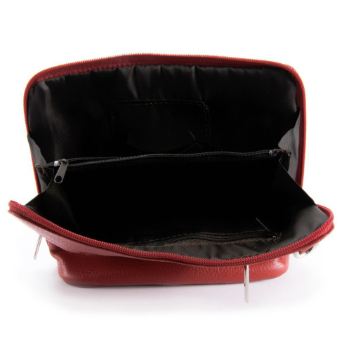 Mini sac trotteur femme en cuir italien grainé porté de travers et bandoulière rouge clair