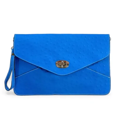 Pochette XL en cuir néon façon autruche pour femme bleu fluo