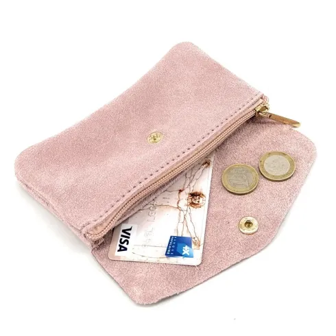 Pochette porte-monnaie en cuir nubuck italien pour femme rose