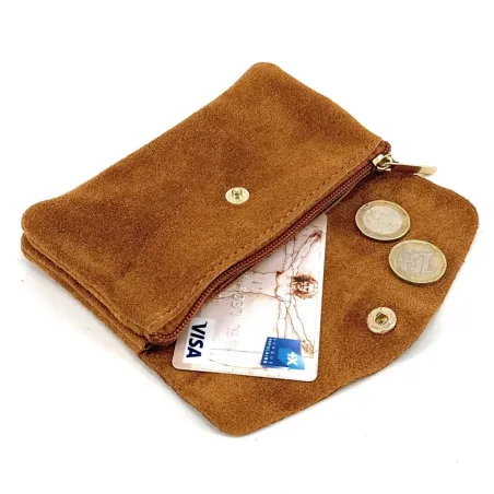 Pochette porte-monnaie en nubuck italien pour femme marron camel