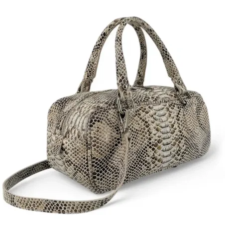sac bowling à motifs python crème pour femme en cuir grainé
