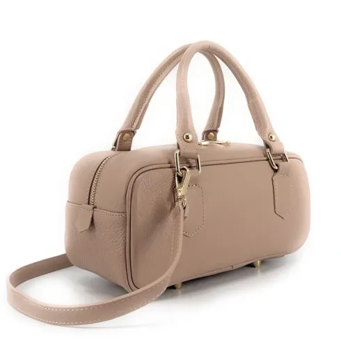 sac à main pour femme type bowling en cuir grainé italien rose pale