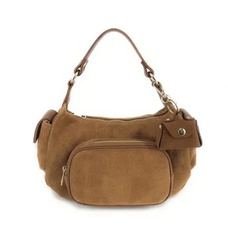 porte clés mini sac marron camel foncé en cuir nubuck italien