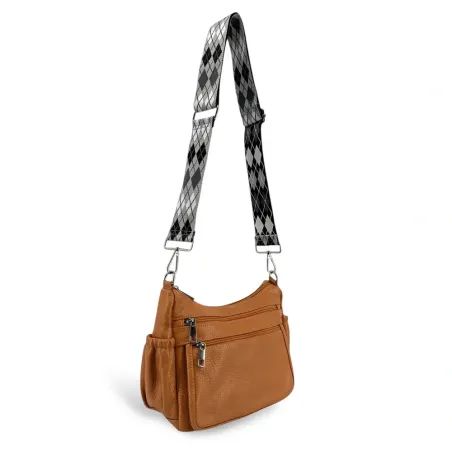sac bandoulière en cuir grainé marron camel foncé type besace pour femme