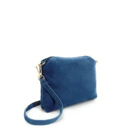sac pochette bandoulière bleu denim porté main en cuir nubuck